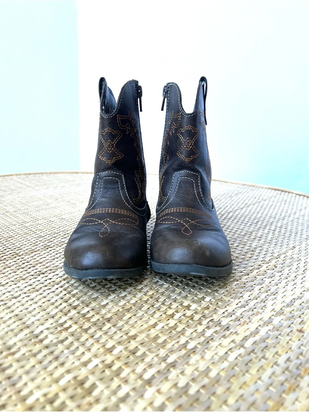 Boys Girls Cowboy Boots vegan leather brown tan contrast stitching Little Kid 11